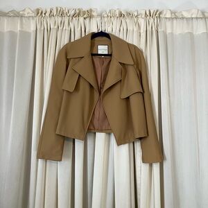 SOLD - Bagatelle Tan Camel Open Front Cropped Trench Jacket Blazer Size Large